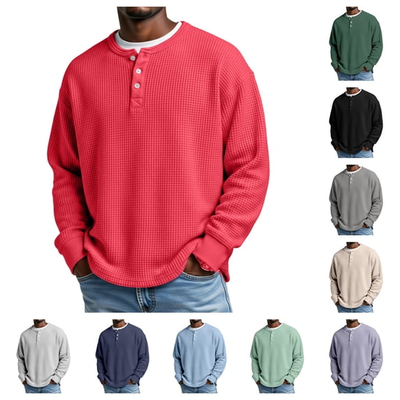 gzxflxpge Mens Waffle Henley Shirts Casual Baggy Button-Up Long Sleeve T Shirts Fall Winter Funky Retro Lightweight Pure Color Sweatshirt Wine S