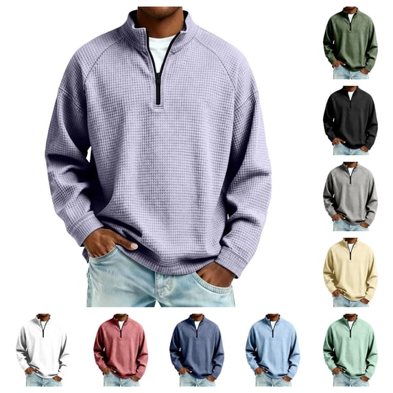 gzxflxpge Mens Waffle Shirt Textured Quarter Zip Stand Collar Long Sleeve Casual T-Shirt Fall Winter Classic Fit Pure Color Trendy Retro Tees Light Purple 3XL