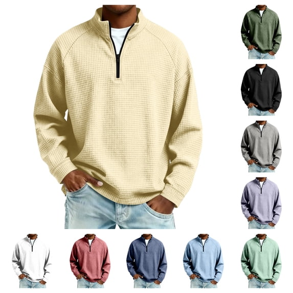 gzxflxpge Mens Waffle Shirt Textured Quarter Zip Stand Collar Long Sleeve Casual Tshirts Fall Winter Loose Fit Solid Color Fashion Vintage Pullover Khaki XL