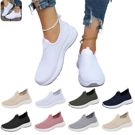 gzxflxpge Orthopedic shoes for women Slip On Walking Shoes New Casual Knit Sneakers Breathable Sneakers White 6.5(CN-37)