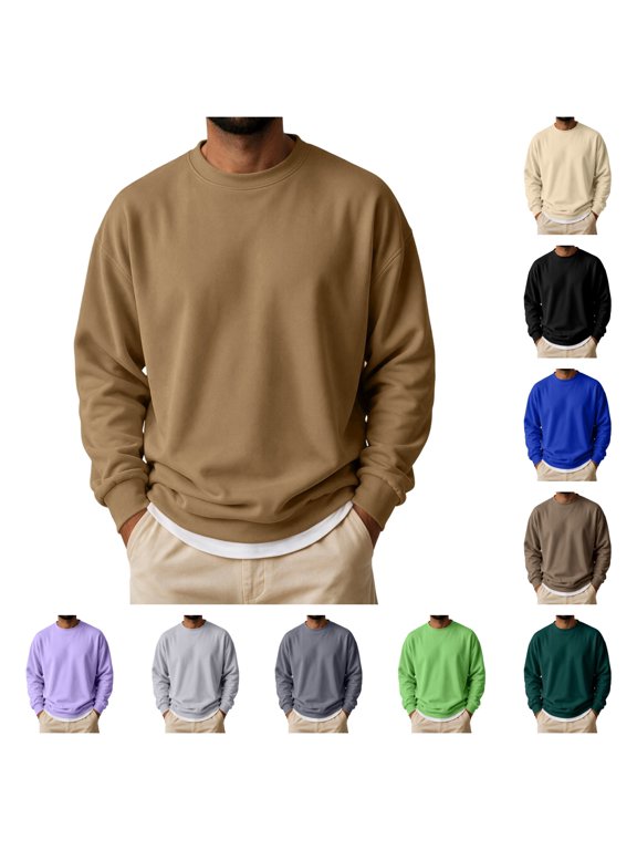 Sweatshirts Men Casual Basic Funky Baggy Crew Neck Long Sleeve Pullover Top Fall Winter Warm Breathable Pure Color Blouse Camel S