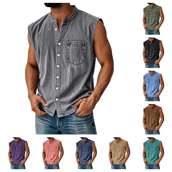gzxflxpge Tank Tops for Men Casual Lightweight Breathale Henley Button Down Denim T Shirt Retro Baggy Solid Color Pullover with Chest Pocket Gray M