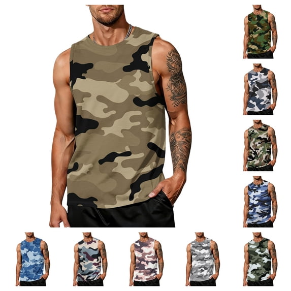 gzxflxpge Tank Tops for Men Sport Outdoor Crewneck Sleeveless Casual Camo T Shirt Summer Breathable Classic Fit Clothes Brown 2XL