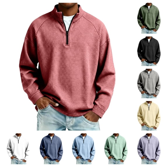 gzxflxpge Waffle Mens Sweatshirt Basic Thermal Quarter Zip Stand Collar Long Sleeve Casualt Shirts Fall Winter Relaxed Fit Solid Color Trendy Retro Tees Wine 4XL