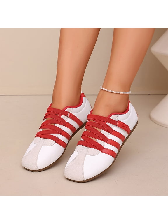 Women Flat Casual Sneakers Crisscross Wrap Elastic Strap Multi‑Panel Spliced Upper Adjustable Ankle Fastening Lightweight Daily Footwear Red 7(CN-38)