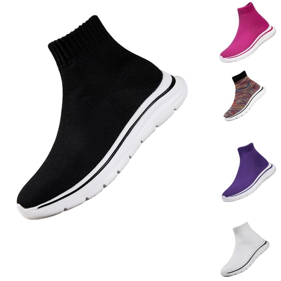 gzxflxpge Women High‑Top Sock Sneakers, Stretch Knit Slip‑On Walking Shoes, Lightweight Cushioned Casual Fashion Shoes for Daily Sports & Outdoor Activities Black 7(CN-38)