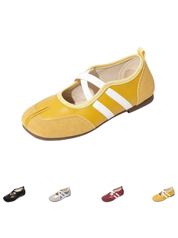 Women Retro Spliced Ballet Flat Shoes, Split Toe Design with Crisscross Elastic Strap, Soft Lightweight Slip‑On Casual Walking Footwear Yellow 5.5(CN-36)