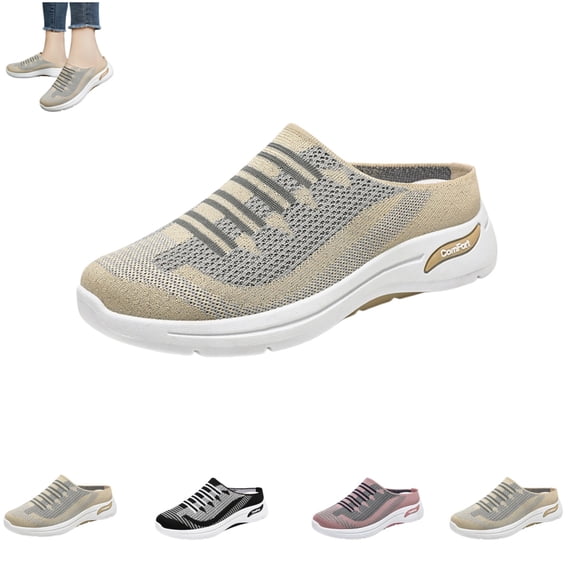 gzxflxpge Women Slip‑On Backless Mule Shoes Breathable Knit Mesh Casual Sneakers, Non‑Slip Light Weight Weaving Walking Footwear for Daily Wear Beige 6.5(CN-37)