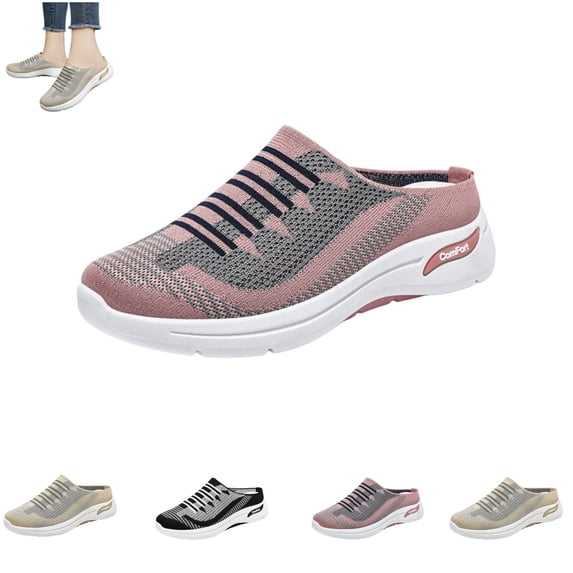 gzxflxpge Women Slip‑On Backless Mule Shoes Breathable Knit Mesh Casual Sneakers, Non‑Slip Light Weight Weaving Walking Footwear for Daily Wear Pink 5.5(CN-36)