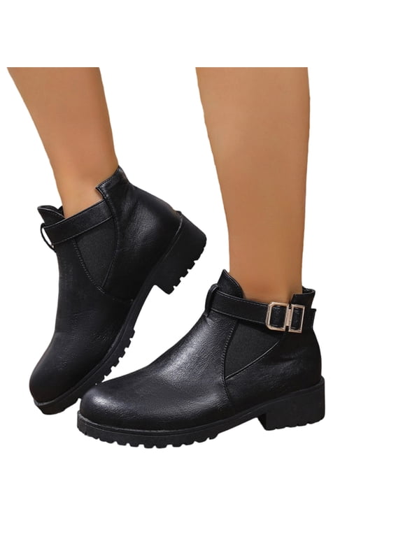 Women's Ankle Buckle Boots Pull On Leatherette Upper Block Heel Non Slip Lugged Outsole Indoor Outdoor Fall Winter Casual Footwear Black 10(CN-43)