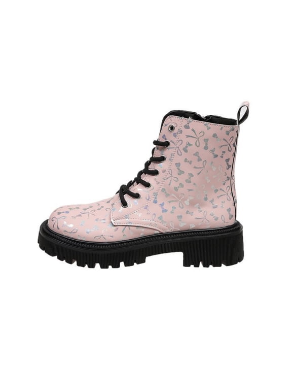 Women's Bow Printed Lace-up Ankle Booties Comfortable Side Zipper High Top Boots Fashion Round Toe Non Slip Combat Booties Pink 8.5(CN-41)