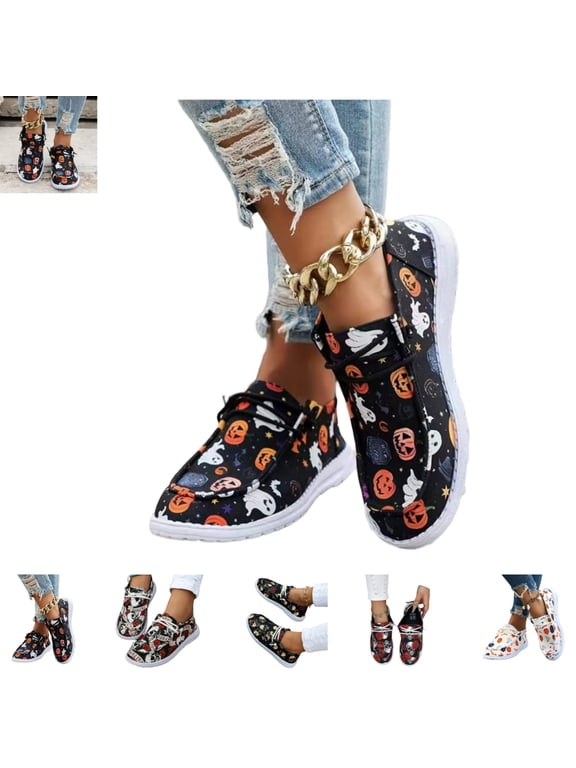 Women's Cozy Slip On Casual Shoes Halloween Print Lightweight Lace Up Low Top Walking Footwear Black 8.5(CN-41)