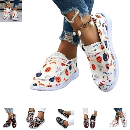 gzxflxpge Women's Cozy Slip On Casual Shoes Halloween Print Lightweight Lace Up Low Top Walking Footwear White 8.5（CN-41）