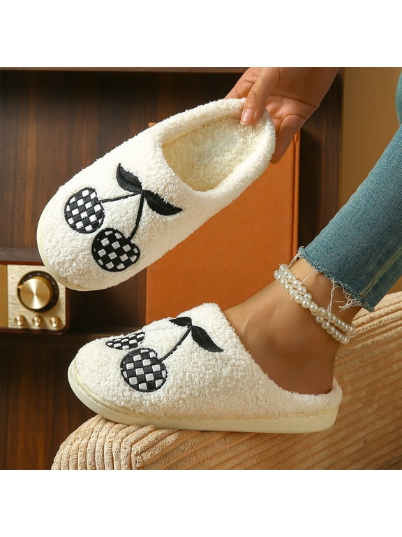 Women's Lightweight Closed Toe Slippers Checkered Cherry Embroidery Soft Cushion Non Slip Outsole Comfortable Bedroom Lounge Shoes Black 5.5(CN-36)