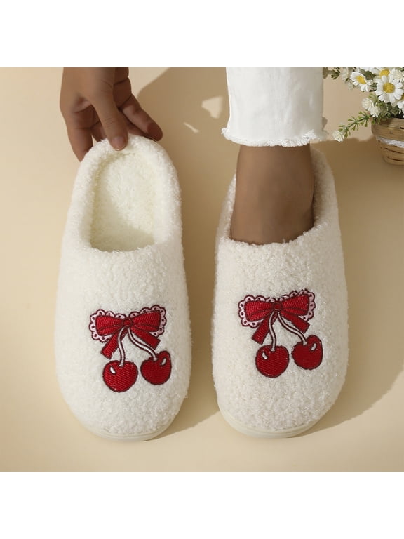 Women's Lightweight Closed Toe Slippers Cherry Bow Embroidery Soft Cushion Non Slip Outsole Comfortable Bedroom Lounge Shoes Red 5.5(CN-36)