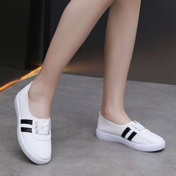 gzxflxpge Women's Striped Canvas Casual Shoes, Low Top Lace Up Lightweight Walking Sneakers White 5.5(CN-36)