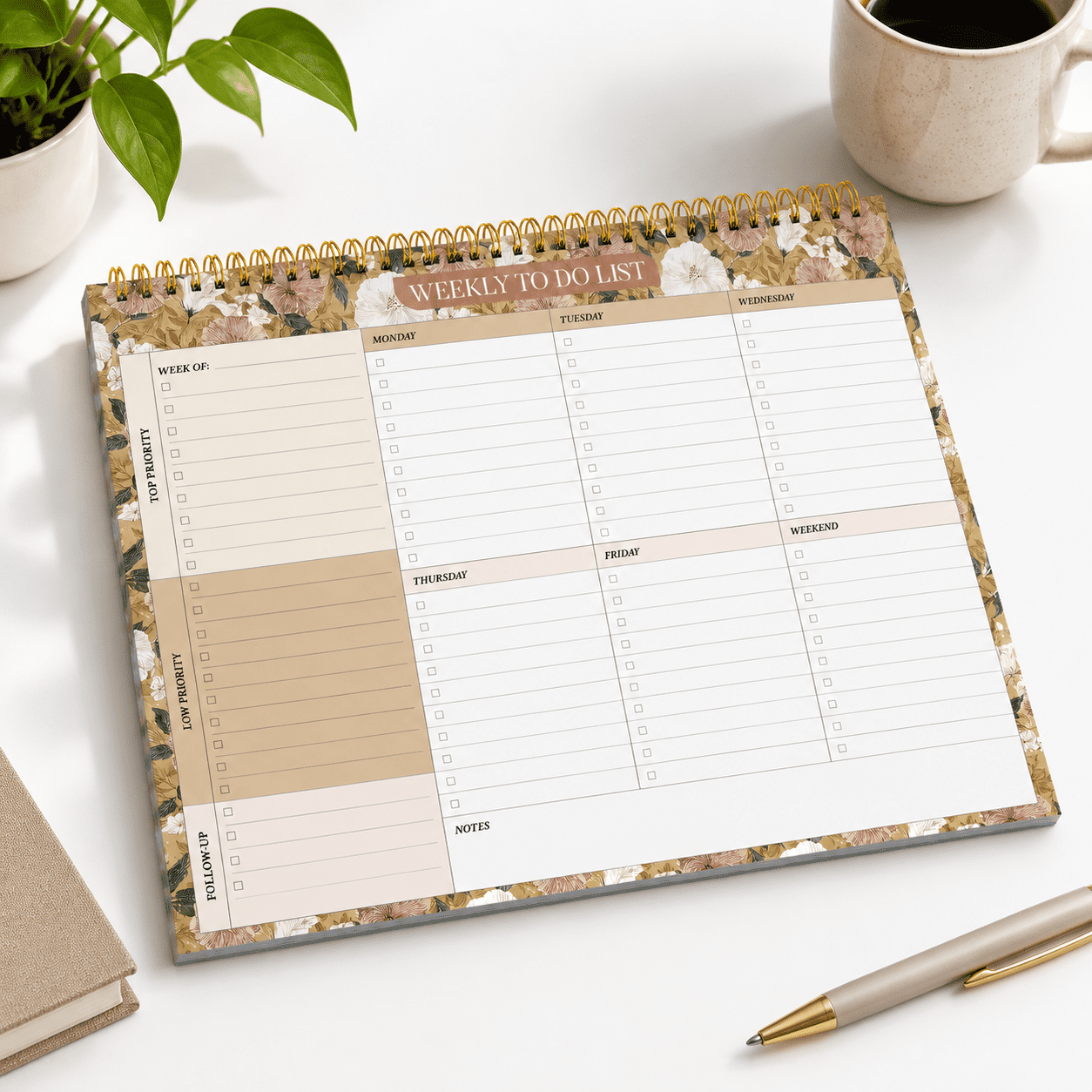 h-Toffee Blossom 1 Pack Weekly To Do List Notepad 8.5"x11" Undated 52 ...