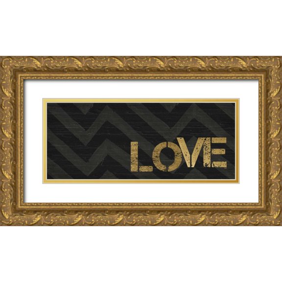 h.artworks 32x15 Gold Ornate Wood Framed with Double Matting Museum Art Print Titled - Chevron Sentiments Black and Gold Panel III