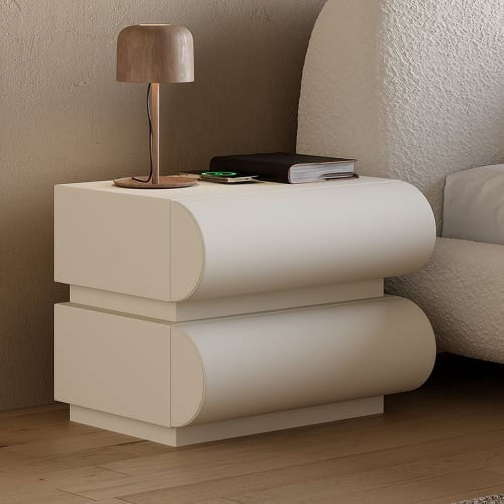 Modern White Faux Leather 2-Drawer Nightstand with Wireless Charger