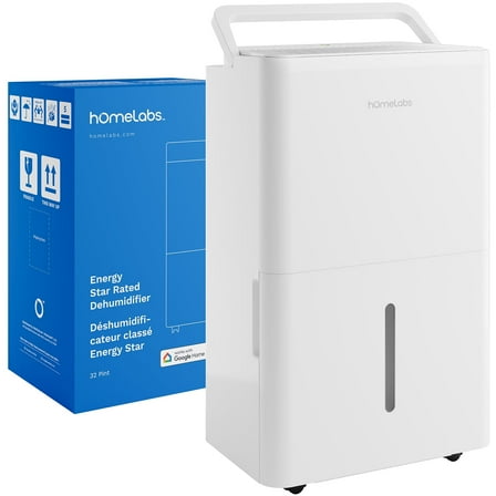 hOmeLabs 32 Pint Wi-Fi Dehumidifier for up to 4,500 Sq Ft Rooms (MAX 80 Pint at 95°F, 90% RH) – High-Efficiency Moisture Removal with Auto Shut-Off and Quiet, Portable Operation