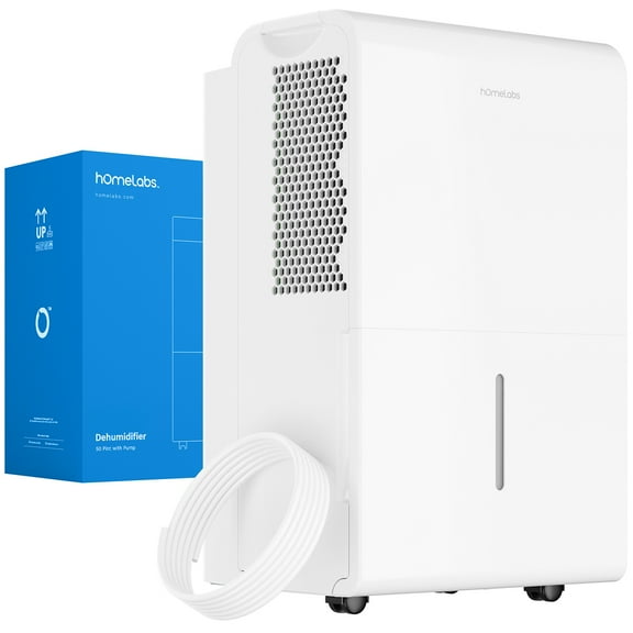 hOmeLabs 50 Pint Wi-Fi Dehumidifier with Pump for up to 7,000 Sq Ft (MAX 120 Pint at 95°F, 90% RH) – High Capacity Moisture Removal for Large Rooms, Offices, and Basements