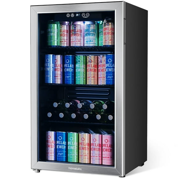 hOmelabs Mini 120 Can Beverage Cooler Refrigerator, 240W, 18.90 in D, 33.3 in H, Silver