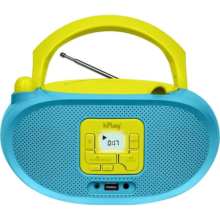 hPlay Gummy GC04B Portable CD Player Boombox with Digital Tunning FM Stereo Radio Kids CD Player Bluetooth USB LCD Display, Front Aux-in Port and Headphone Jack, Supported AC or Battery Powered- Cyan