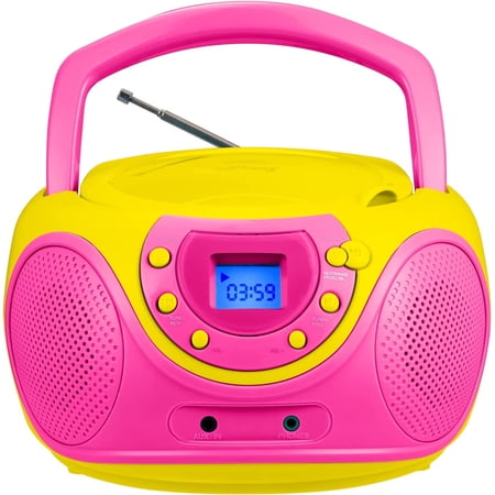 hPlay P16 Portable CD Player Boombox AM FM Digital Tuning Radio, Aux Line-in, Headphone Jack (Pink)