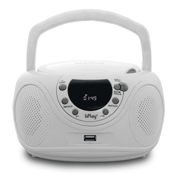hPlay P16 Portable CD Player Boombox with Bluetooth, FM Digital Radio, USB/MP3 Playback, Aux-in & Headphone Jack - AC/Battery Powered Stereo System (White)