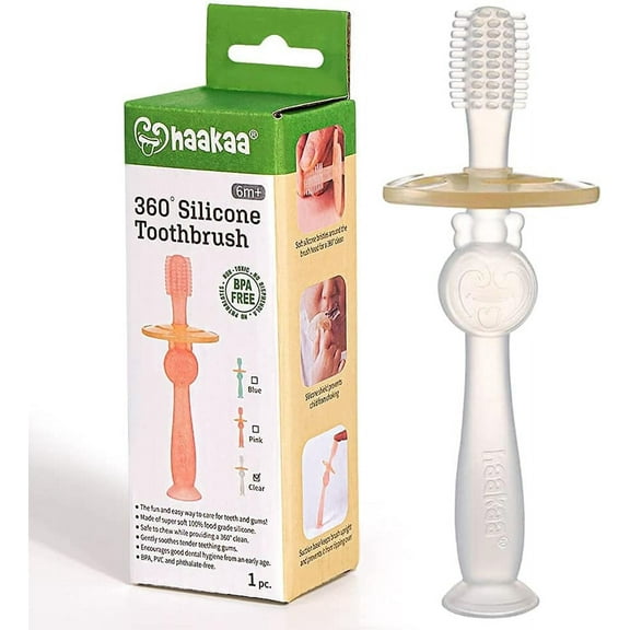 haakaa 360 Baby Toothbrush with Suction Base - Gentle Cleaning for Infant Self-Brushing Training, Food-Grade Silicone, Adjustable Safety Shield - Translucent (1 Piece) Clear