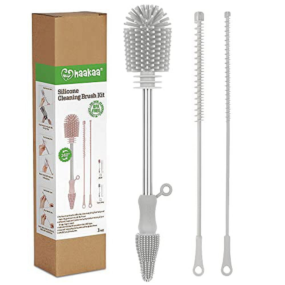 Haakaa Silicone Bottle Cleaner Brush Kit, SUVA Grey For Breast Pumps, Baby Bottles, Nipples