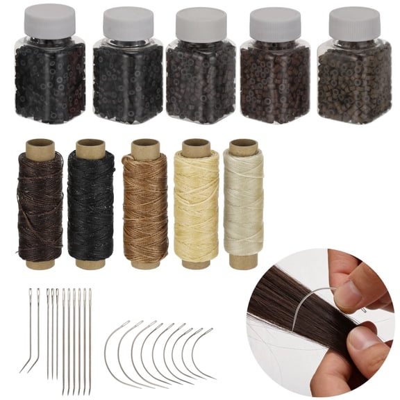 Hair Extension Tool Set with 2500 Pcs Micro Ring Beads, 5 Rolls Waxed Sewing Thread and 20 Pcs C/J/I Curved Needles for Leather Repair, Wig Making, DIY Craft Projects & Professional Hair Salon