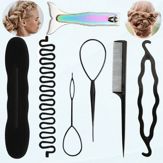 hair twister topsy tail hair tool hair braiding tools hair loop styling tool hair pull through tool turvy hair tool accessories lazy curler Set 7-Piece Quick Hair Styling Tool