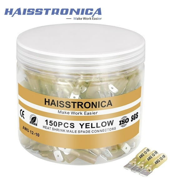 haisstronica 150PCS Yellow 12-10 Gauge Heat Shrink Male Spade Connectors-Spade Wire Connectors-Spade terminlas