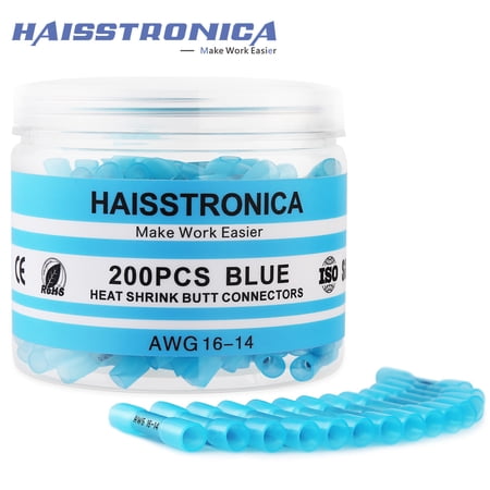 haisstronica 200PCS Heat Shrink Butt Connectors, AWG 16-14 Waterproof Wire Connectors, Tinned Copper Butt Splice