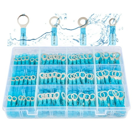 haisstronica 200pcs Blue AWG 16-14 Marine Grade Heat Shrink Ring Connectors-Tinned red Copper 1mm 4 Sizes #10,1/4",5/16",3/8"