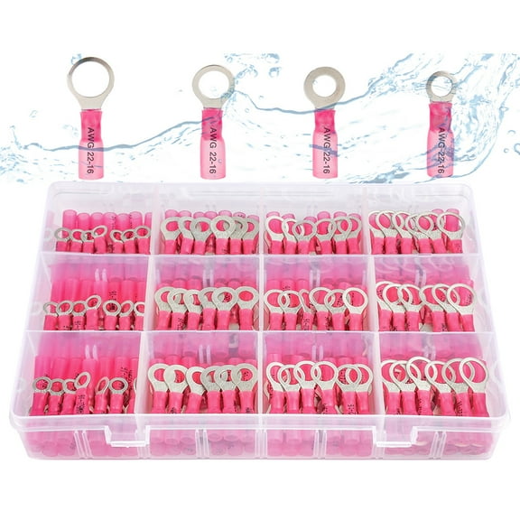 haisstronica 200pcs Red AWG 22-16 Marine Grade Heat Shrink Ring Connectors-Tinned red Copper 1mm 4 Sizes #10,1/4",5/16",3/8"