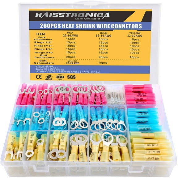haisstronica 260PCS Heat Shrink Wire Connectors-AWG 26-10 Marine Grade Heat Shrink Butt Connectors-Tinned Red Copper