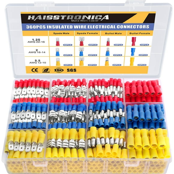 haisstronica 360PCS Electrical Insulated Bullet&Spade Termianls Kit,AWG 22-10 Wire Crimp Terminals of Tinned Red Copper,Quick Disconnect Wire Connectors Kit(3Colors/12Size)