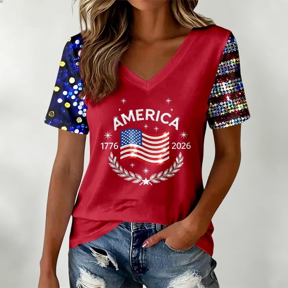 haizhen 250 Anniversary USA Shirt Women Summer V Neck Sparkly 250th Anniversary Flag Graphic Tees Patriotic 4th of July Shirts Women July 4th Tshirts Going Out Tops Red, L