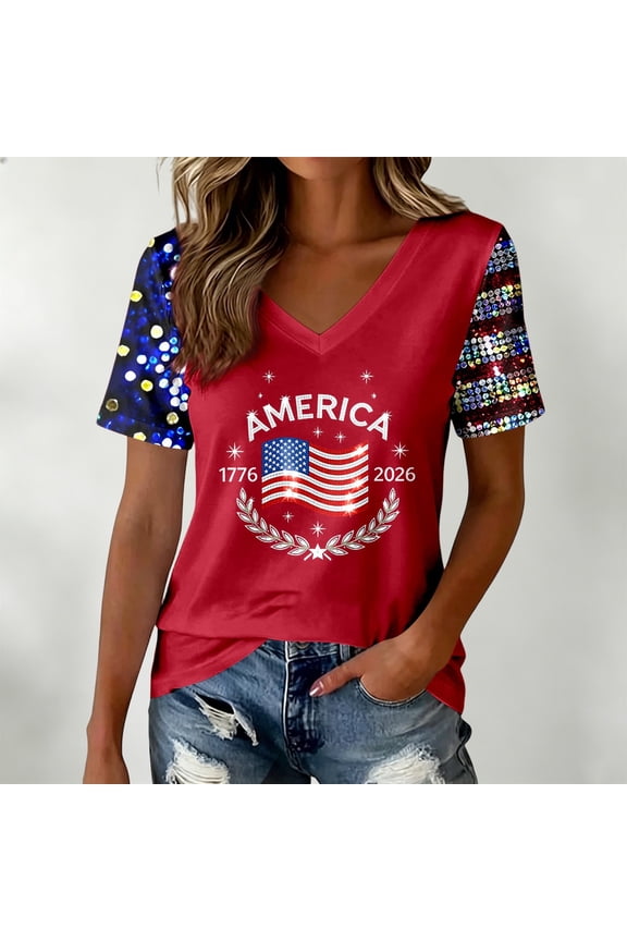 250 Anniversary USA Shirt Women Summer V Neck Sparkly 250th Anniversary Flag Graphic Tees Patriotic 4th of July Shirts Women July 4th Tshirts Going Out Tops Red, XXL