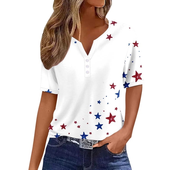haizhen 4th of July Shirts Women 250th Anniversary USA 3/4 Length Sleeve Womens Tops Casual Henley V Neck Patriotic Tshirts Red White and Blue T Shirts White, M