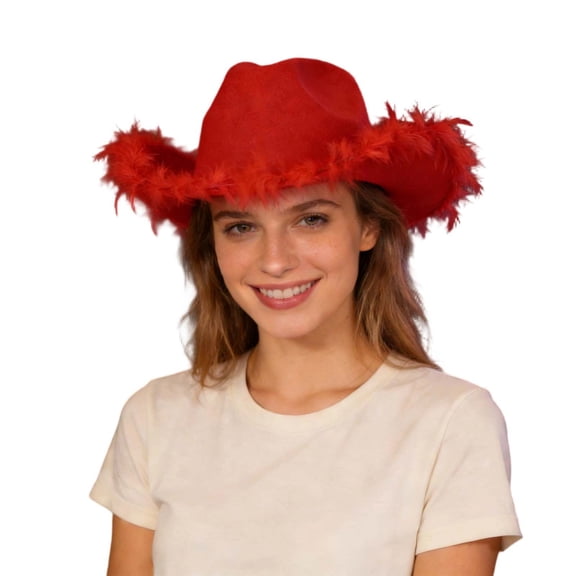 haizhen Plain Felt Cowboy & Cowgirl Hat for Men and Women Fluffy Trim Wide Brim Western Cowboy Hat Cowgirl Hat Adult Fancy Dress Party Halloween Accessories Red One Size