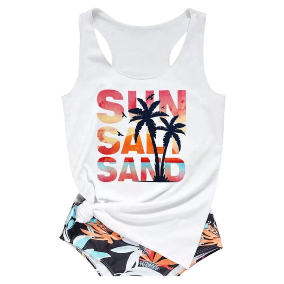 haizhen Racerback Tank Tops for Women Boho Sun Salt Sand Beach Shirts Dressy Casual Sleeveless Fitness Clothing Trendy Summer Workout Athletic Running Vest White, L