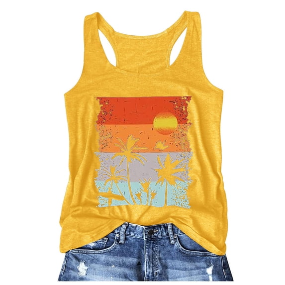haizhen Racerback Tank Tops for Women Loose Fit Evening Sun Palm Tree Printed Sleeveless Athletic Running Vest Casual Summer Workout Clothes Yellow, XL