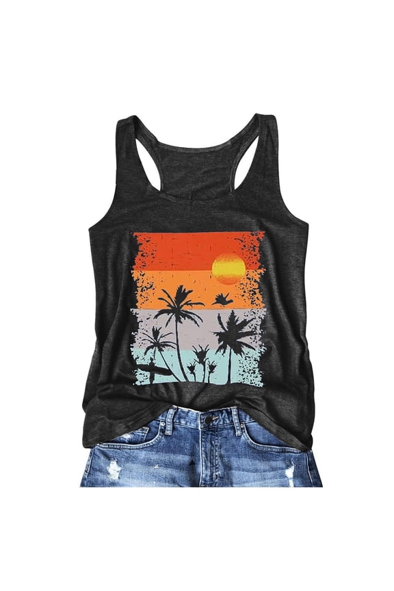 Racerback Tank Tops for Women Loose Fit Evening Sun Palm Tree Printed Sleeveless Athletic Running Vest Casual Summer Workout Clothes Black, L