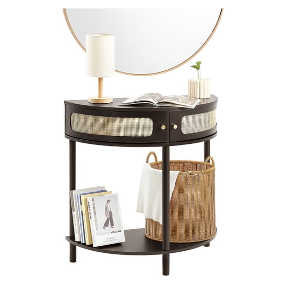 half-moon rattan console table with 2 drawers, entryway table with natural rattan, storage for living room, study, entryway, black