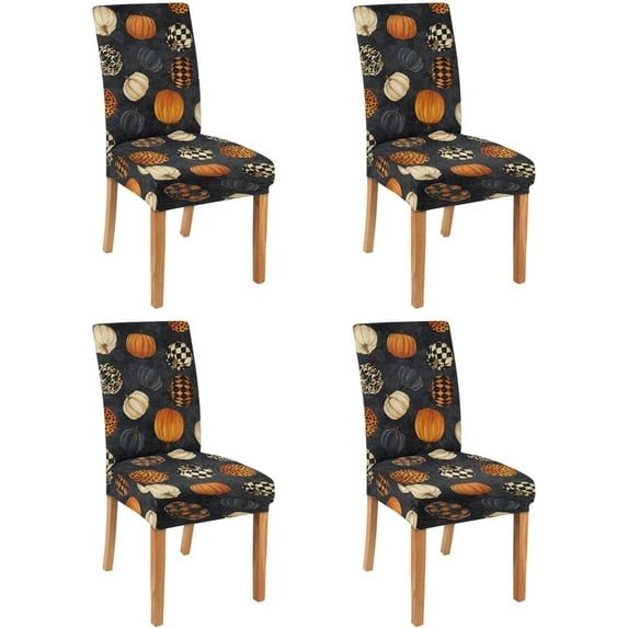 halloween Chair Covers Set of 4,Holiday Dining Stretch Removable Protector,Fall Checkered Pumpkin Chair Back Covers Farmhouse Decor,Colorful Seat Slipcovers for Dining Room and Party