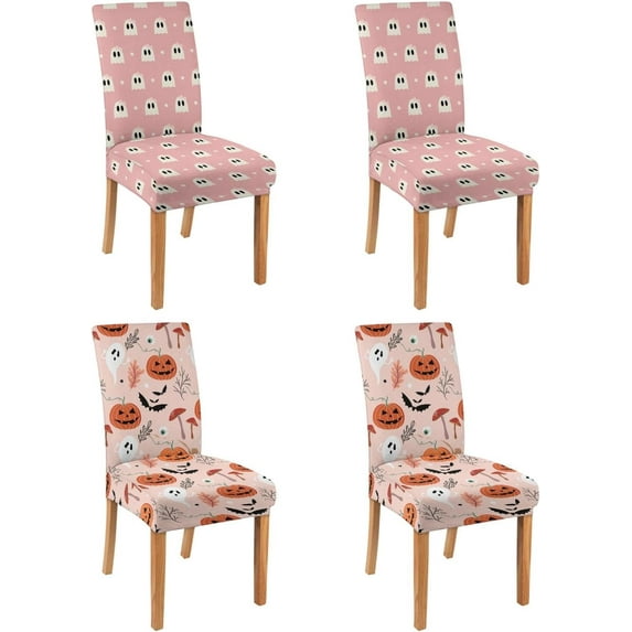 halloween Chair Covers Set of 4,Holiday Dining Stretch Removable Protector,Pink Pumpkin Skull Ghost Chair Back Covers Farmhouse Decor,Colorful Seat Slipcovers for Dining Room and Party