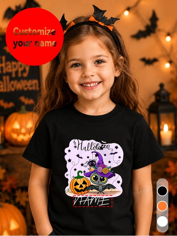 halloween custom t shirt name cute bat pumpkin graphic print autumn party wear clothes perfect gift for daughter granddaughter trendy seasonal top